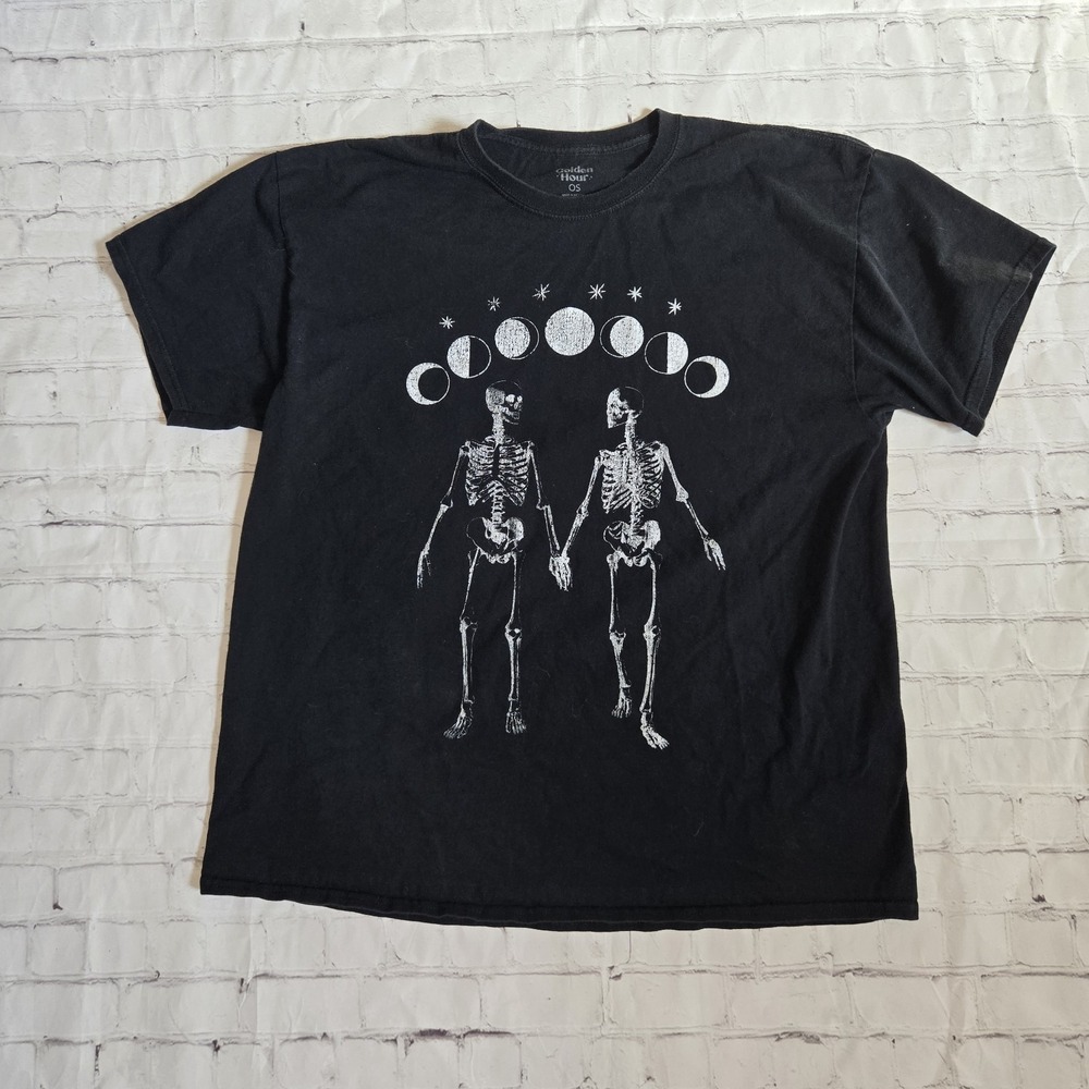 Golden Hour  Black Skeleton Moon Phases Celestial Graphic Tee One Size Witchy
